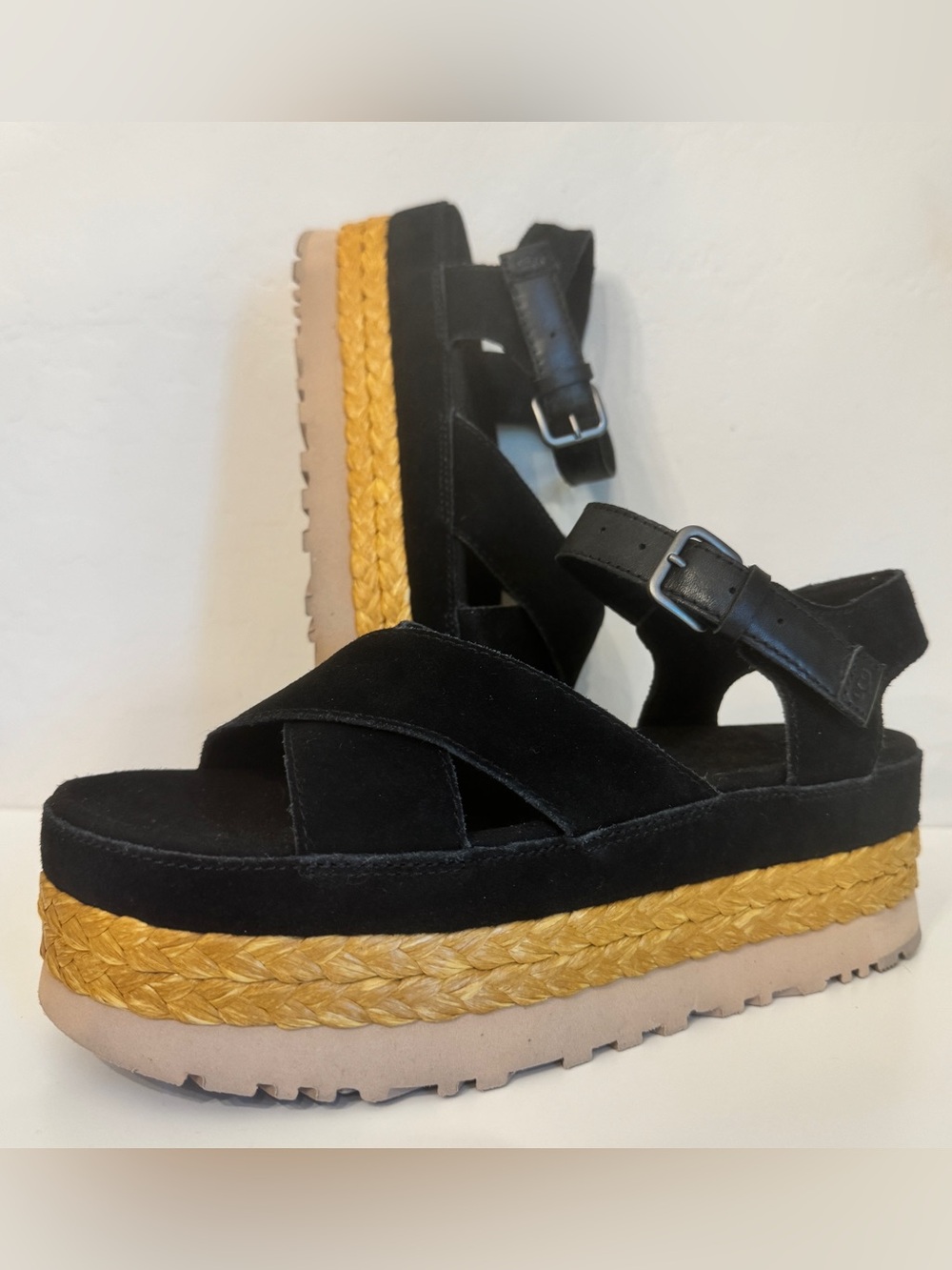 UGG black Aubrey Platform sandal raffia and suede size 9.5 woman’s